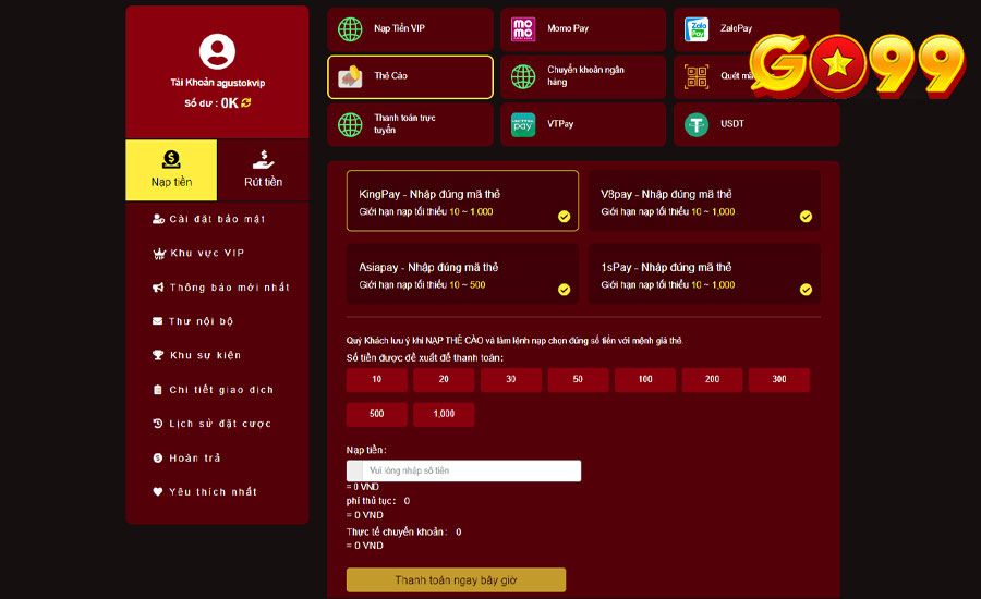 Biểu mẫu nạp tiền Go99 bằng thẻ cào